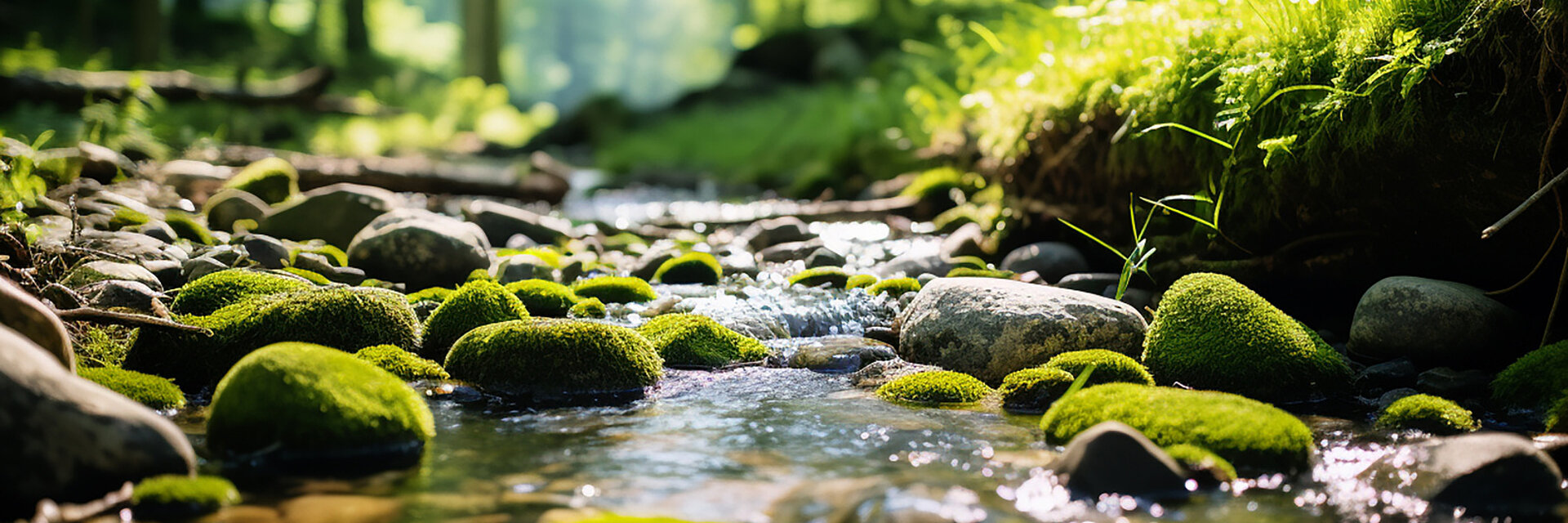 A brook that flows through a forest, and on its banks a lot of greenery, stones, water, wood, trees, gras
