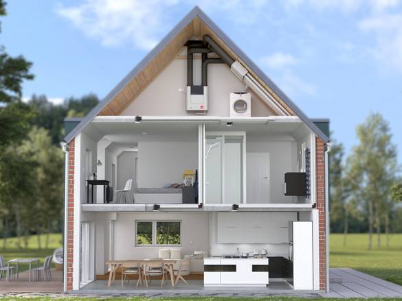 Comfo Air Q, Building installation, Visible air distribution, Cut-open building, Exterior, Single-family house,,CA Q,