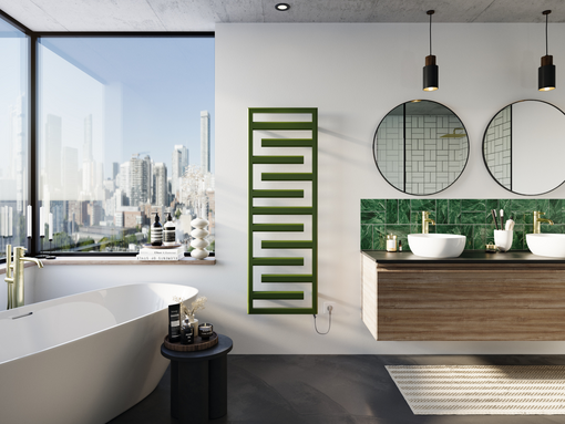 Zehnder_RAD_Tetris-EL_IHE_150-50_Olivegreen_bathroom_City Rendering Decorative radiator